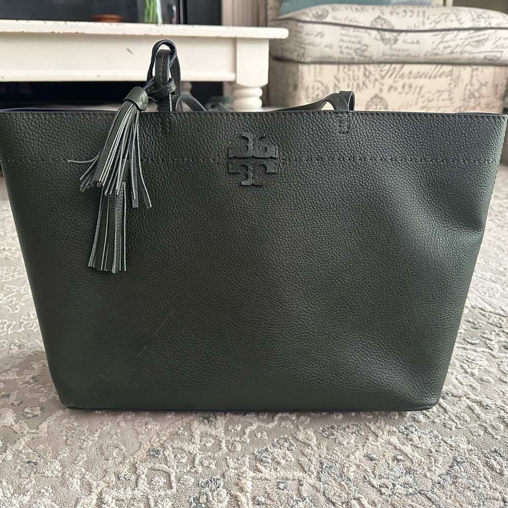 TORY BURCH Original Olive Green Pebbled Leather Tote Bag